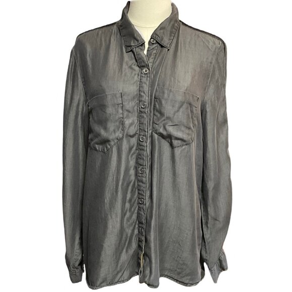 Dark Grey Chambray Boyfriend Shirt w/ Velour Tuxedo Stripe - Picture 1 of 3